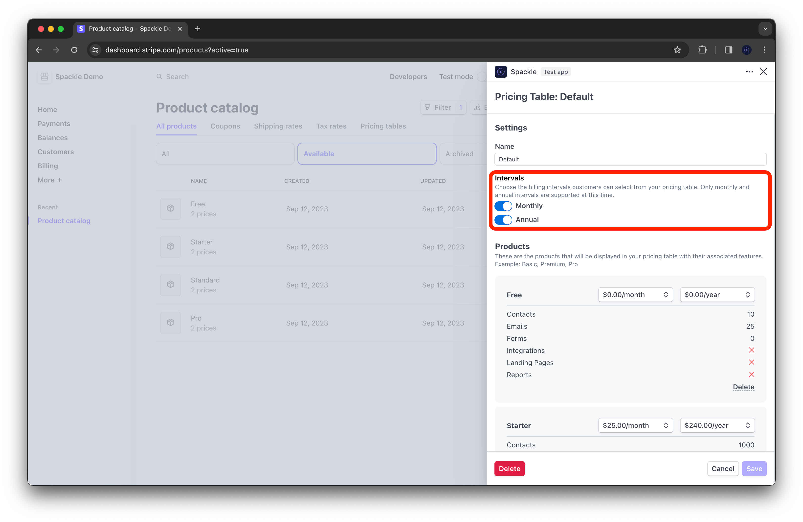 Pricing table billing intervals