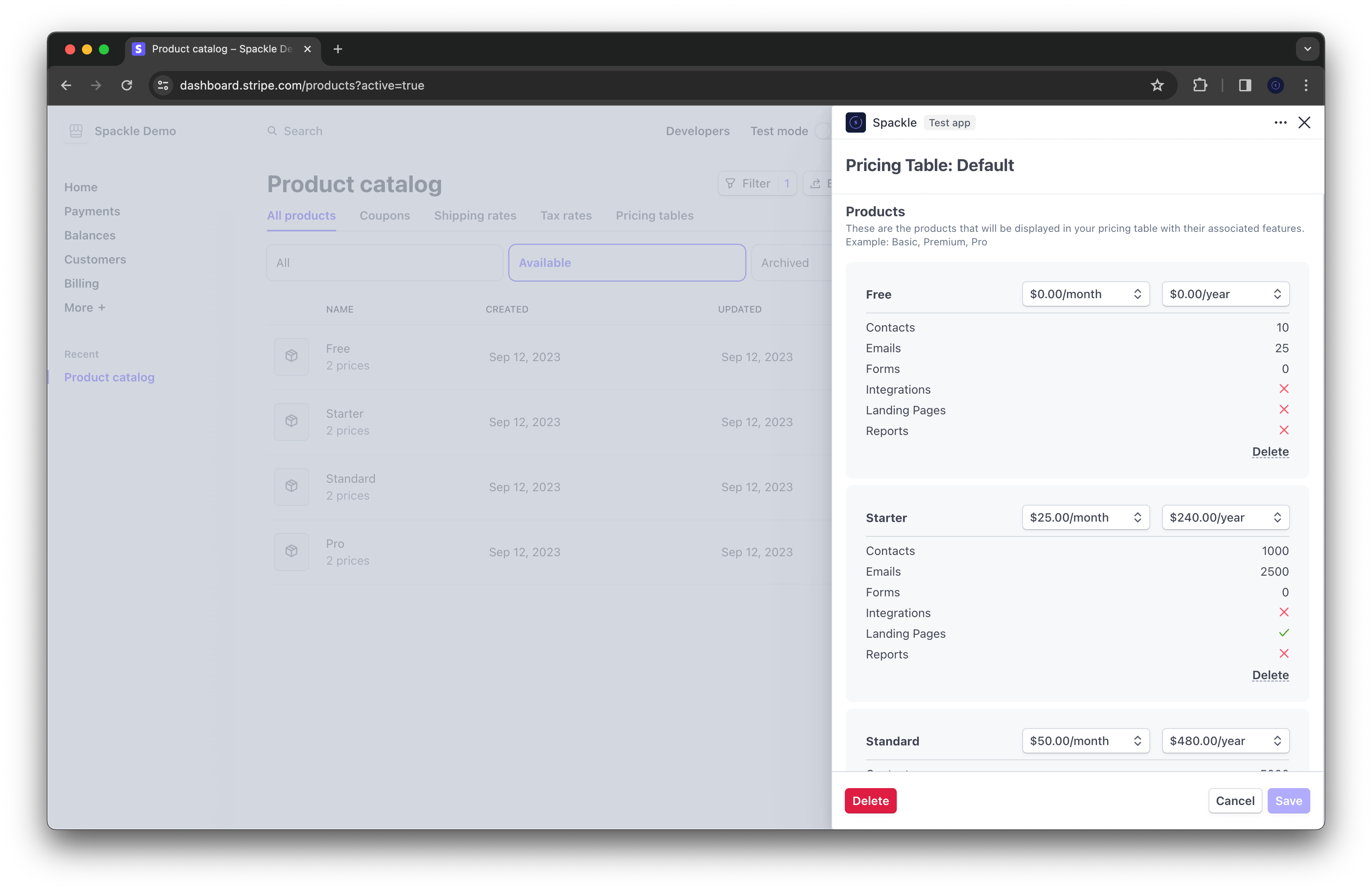 Pricing table products