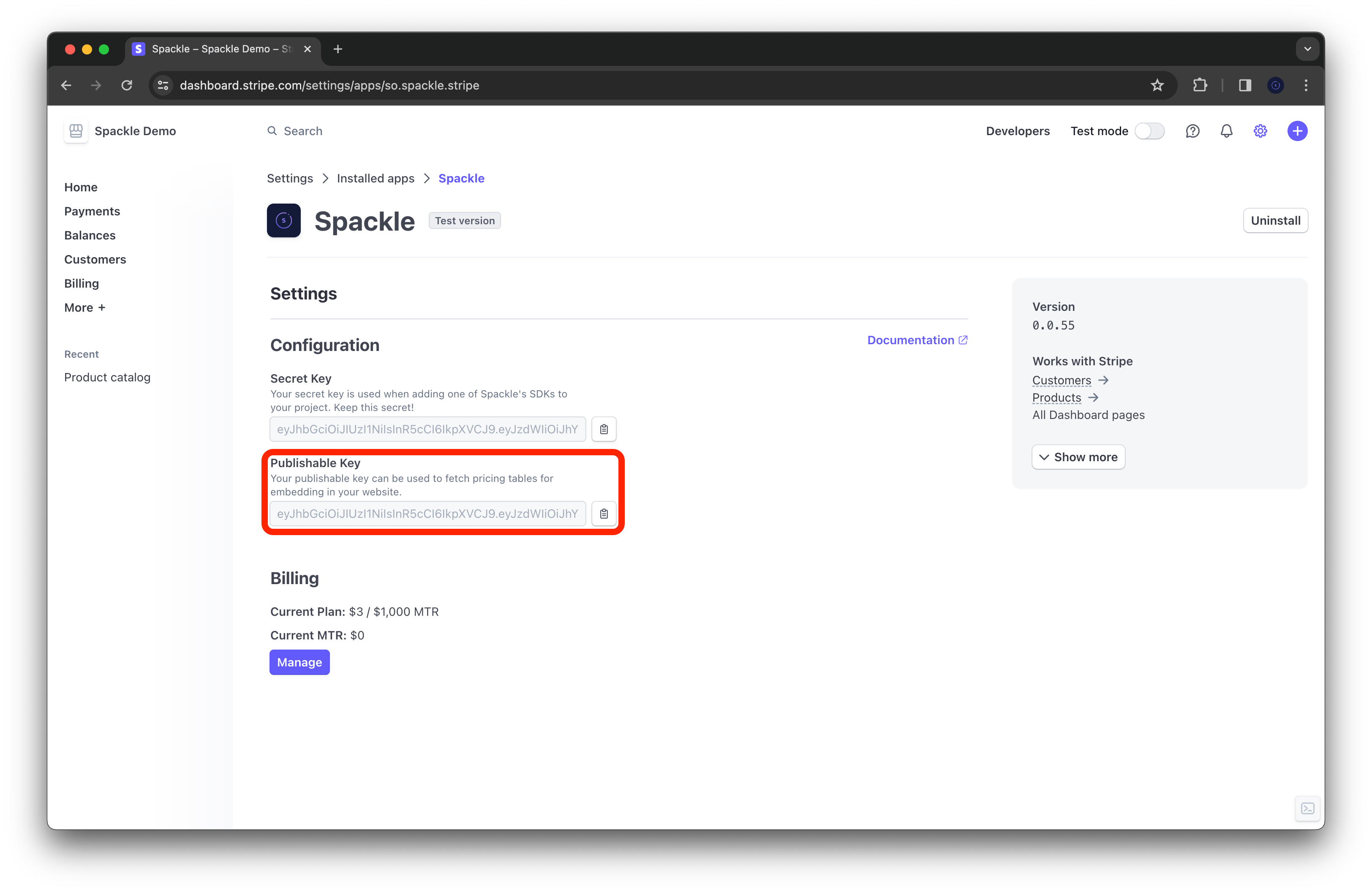 Pricing table public key